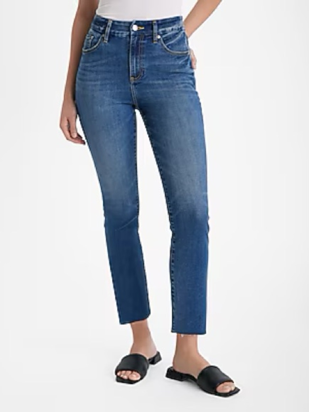 NWT Express High Waisted Dark Wash Raw Hem FlexX Cropped Flare Jeans XL Long - Picture 1 of 1